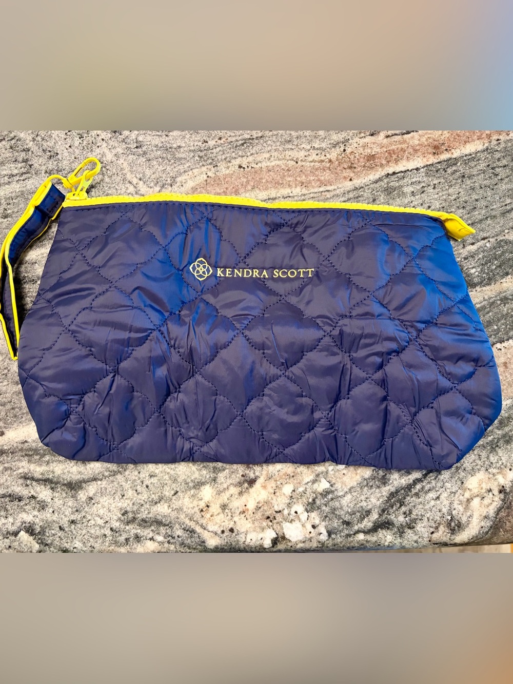 Kendra Scott Large Quilted Navy Cosmetic Bag with Yellow Trim